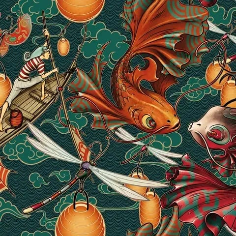 Detail nástěnné malby s koi kaprem a lampiony